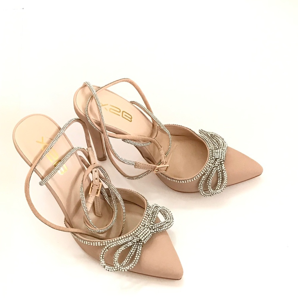X2B Stiletto Heels Ankle Wrap Rhinestone Bow Heels Tan Women’s Size 7